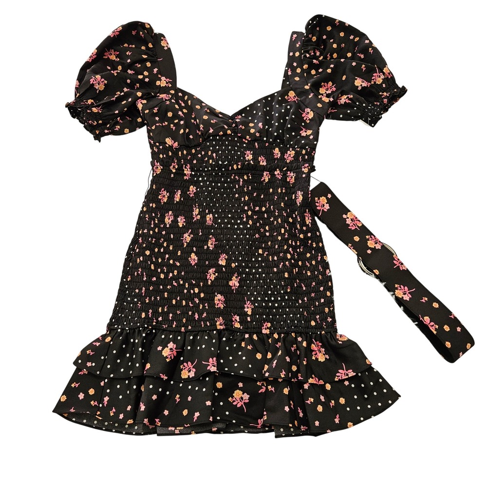 For Love & Lemons Camellia Black Floral Polka Dot Belted Mini Dress Sz S - Picture 2 of 10